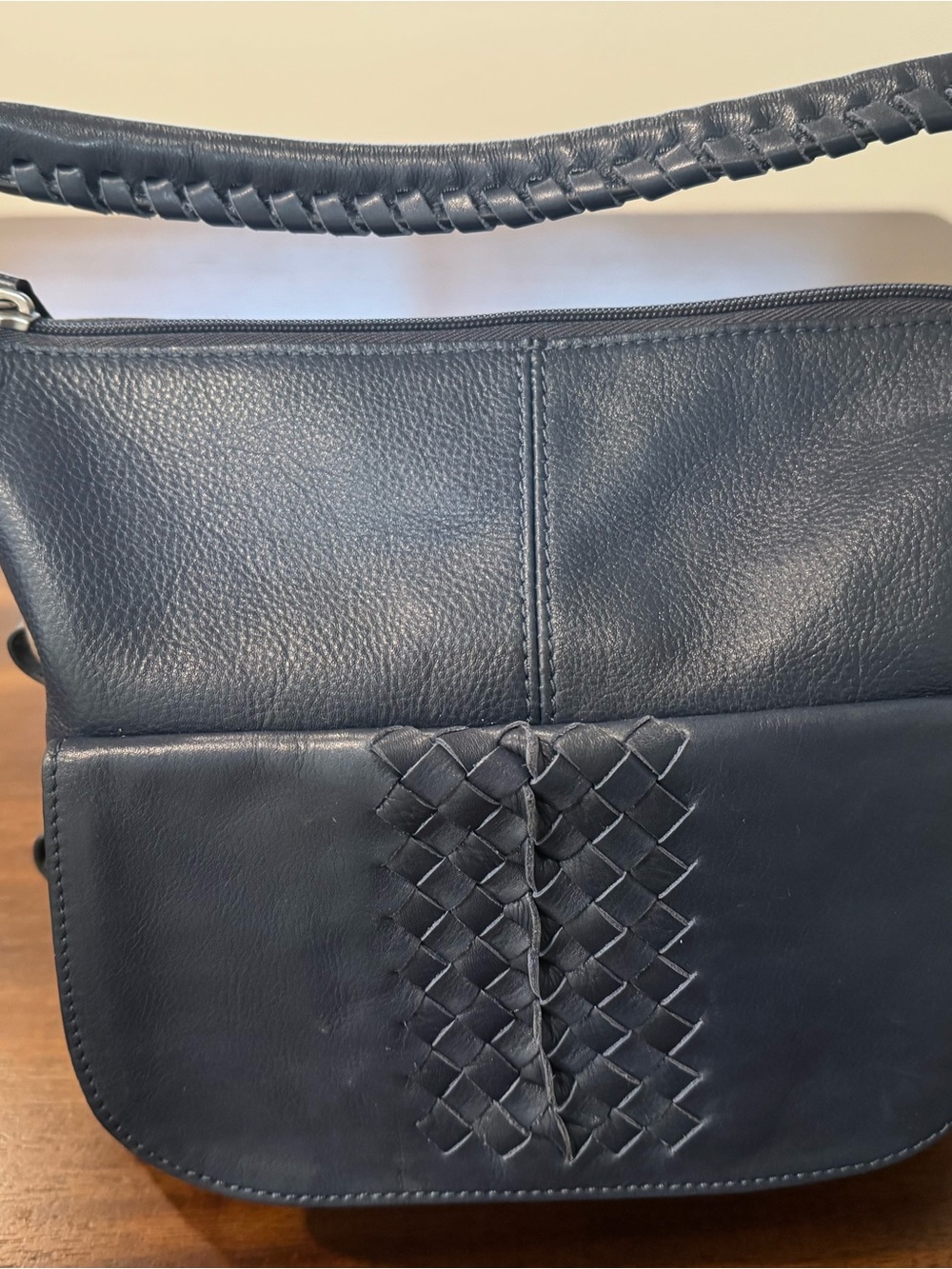 NorthStyle Genuine Leather Woven Detail Shoulder Bag - Navy